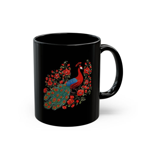 Elegant Peacock Floral Black Mug - 11oz/15oz
