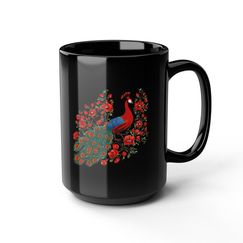 Elegant Peacock Floral Black Mug - 11oz/15oz