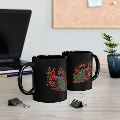 Elegant Peacock Floral Black Mug - 11oz/15oz