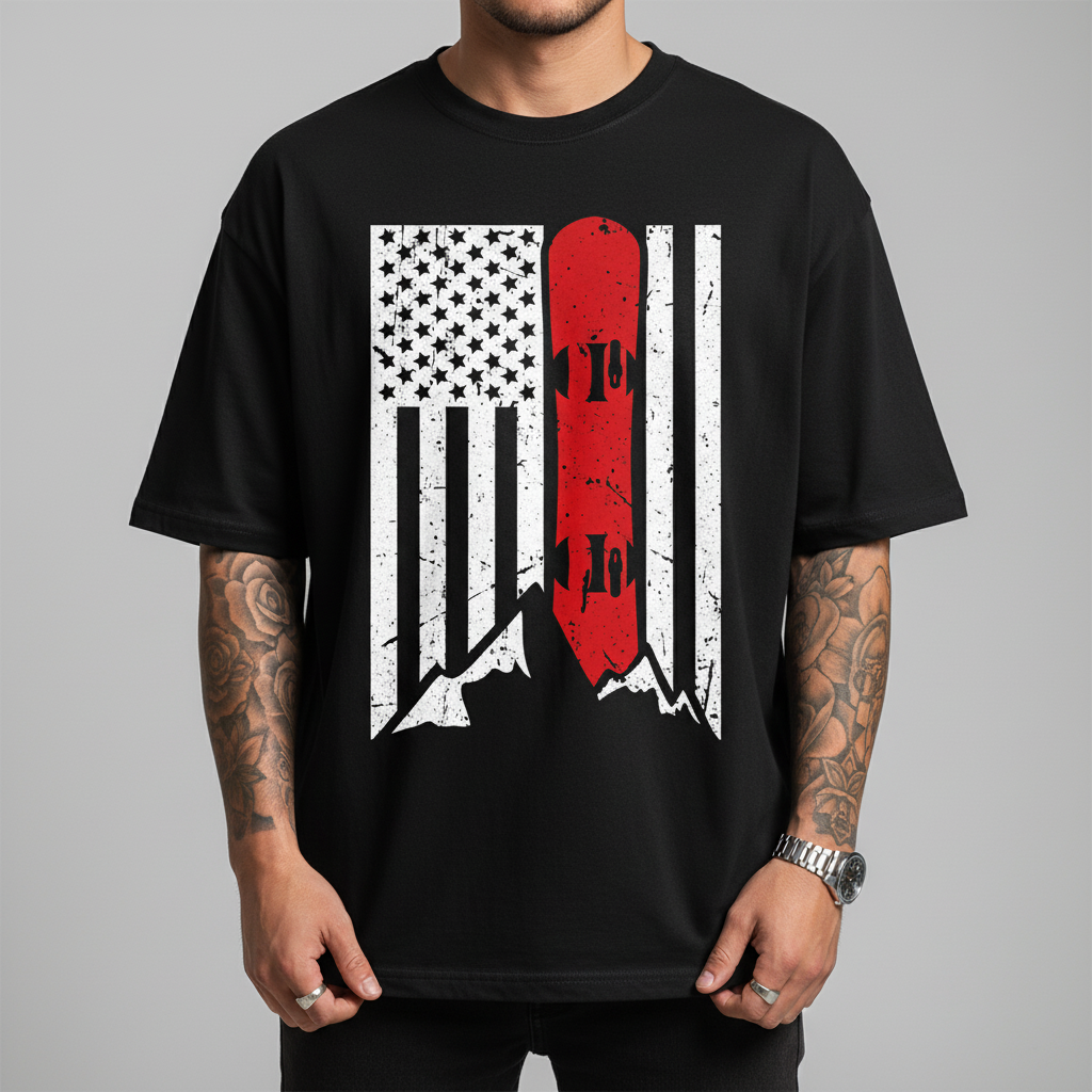 Snowboard American Flag T‑Shirt — Red Board Mountain USA Unisex Tee