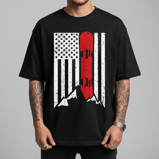 Snowboard American Flag T‑Shirt — Red Board Mountain USA Unisex Tee