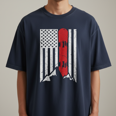 Snowboard American Flag T‑Shirt — Red Board Mountain USA Unisex Tee