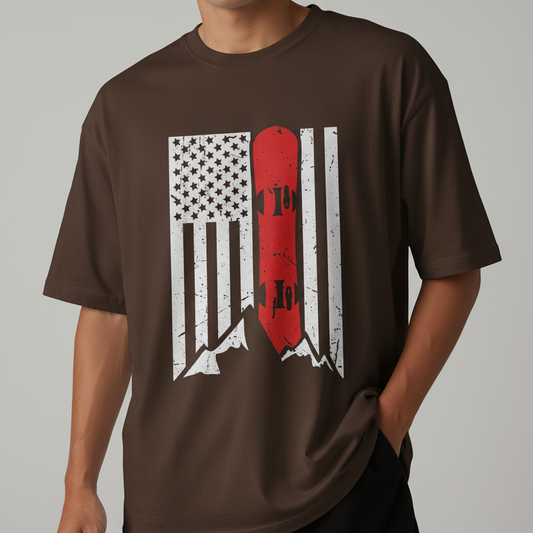Snowboard American Flag T‑Shirt — Red Board Mountain USA Unisex Tee