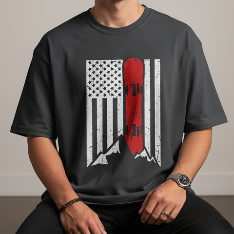 Snowboard American Flag T‑Shirt — Red Board Mountain USA Unisex Tee