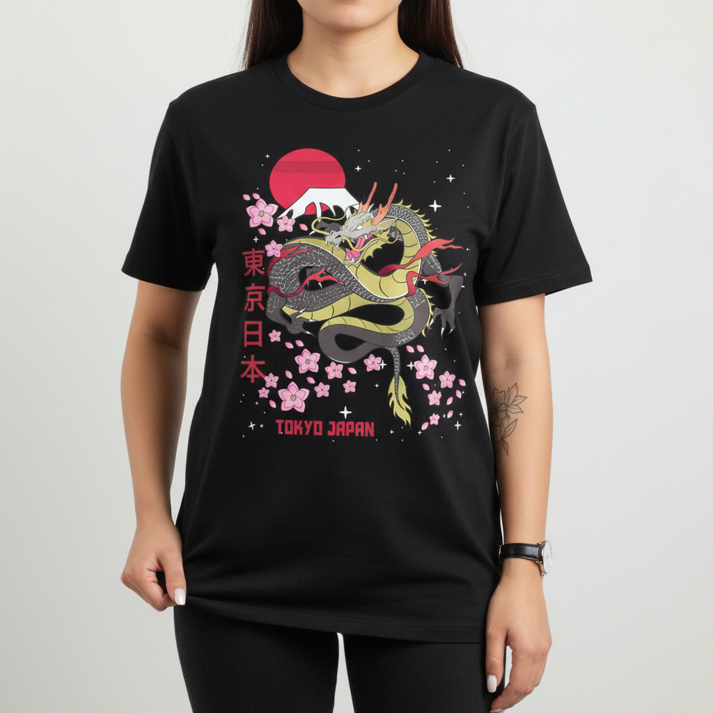 Tokyo Dragon Sakura T-Shirt — Japanese Snake & Cherry Blossom Unisex Tee