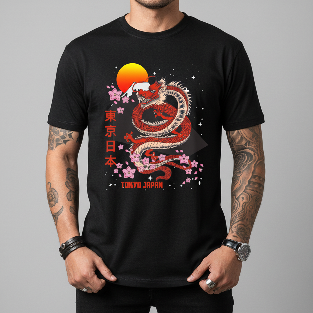 Tokyo Red Dragon Tee — Japanese Cherry Blossom Sunset Unisex Gift