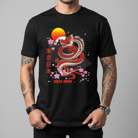 Tokyo Red Dragon Tee — Japanese Cherry Blossom Sunset Unisex Gift