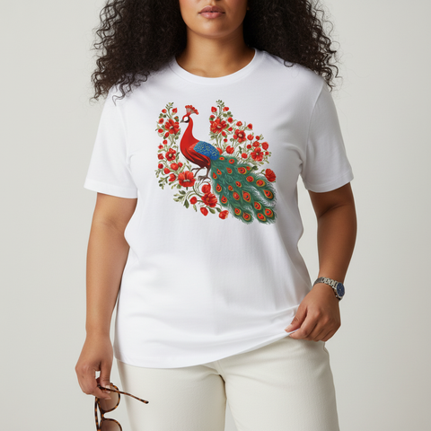Peacock and Floral Unisex Tee - Vibrant Spring Style
