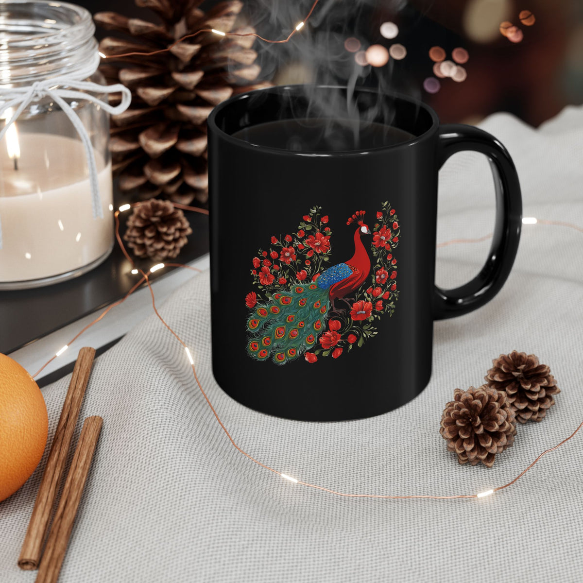 Elegant Peacock Floral Black Mug - 11oz/15oz