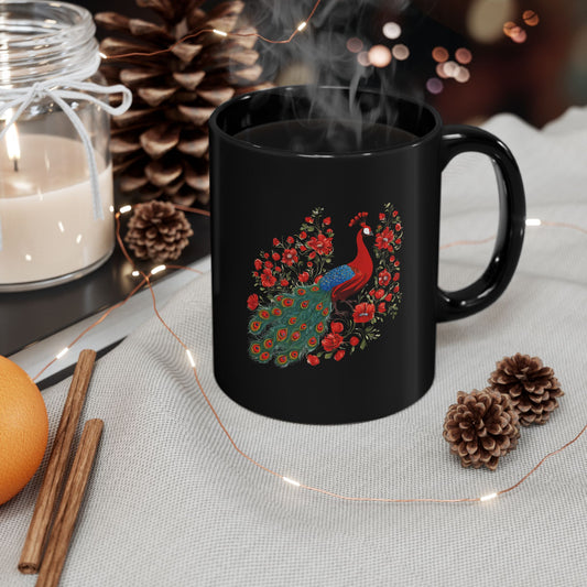 Elegant Peacock Floral Black Mug - 11oz/15oz