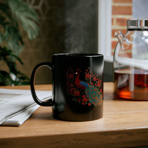 Elegant Peacock Floral Black Mug - 11oz/15oz
