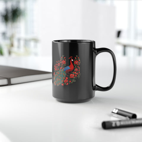 Elegant Peacock Floral Black Mug - 11oz/15oz