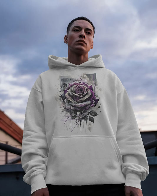 Person wearing a white hoodie with a purple rose design against a cloudy sky.