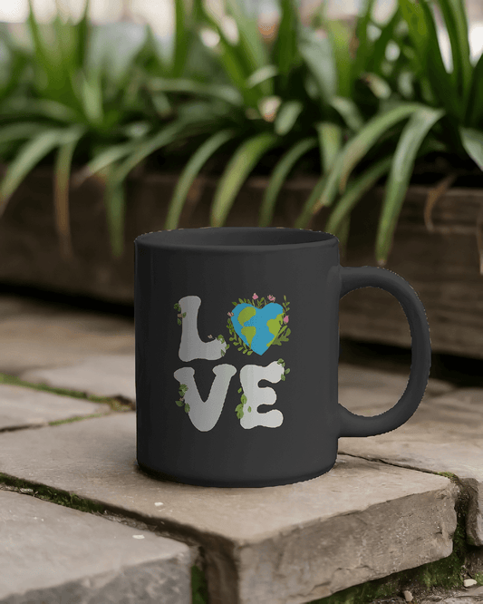 Black mug with 'LOVE' and a heart symbol on a stone surface with plants in the background